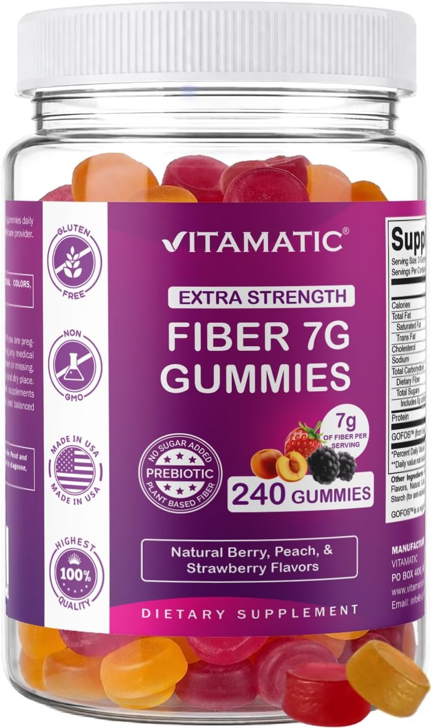 Vitamatic Prebiotic Fiber Gummies for Adults, 7G Extra Strength, Zero Sugar Added, 240