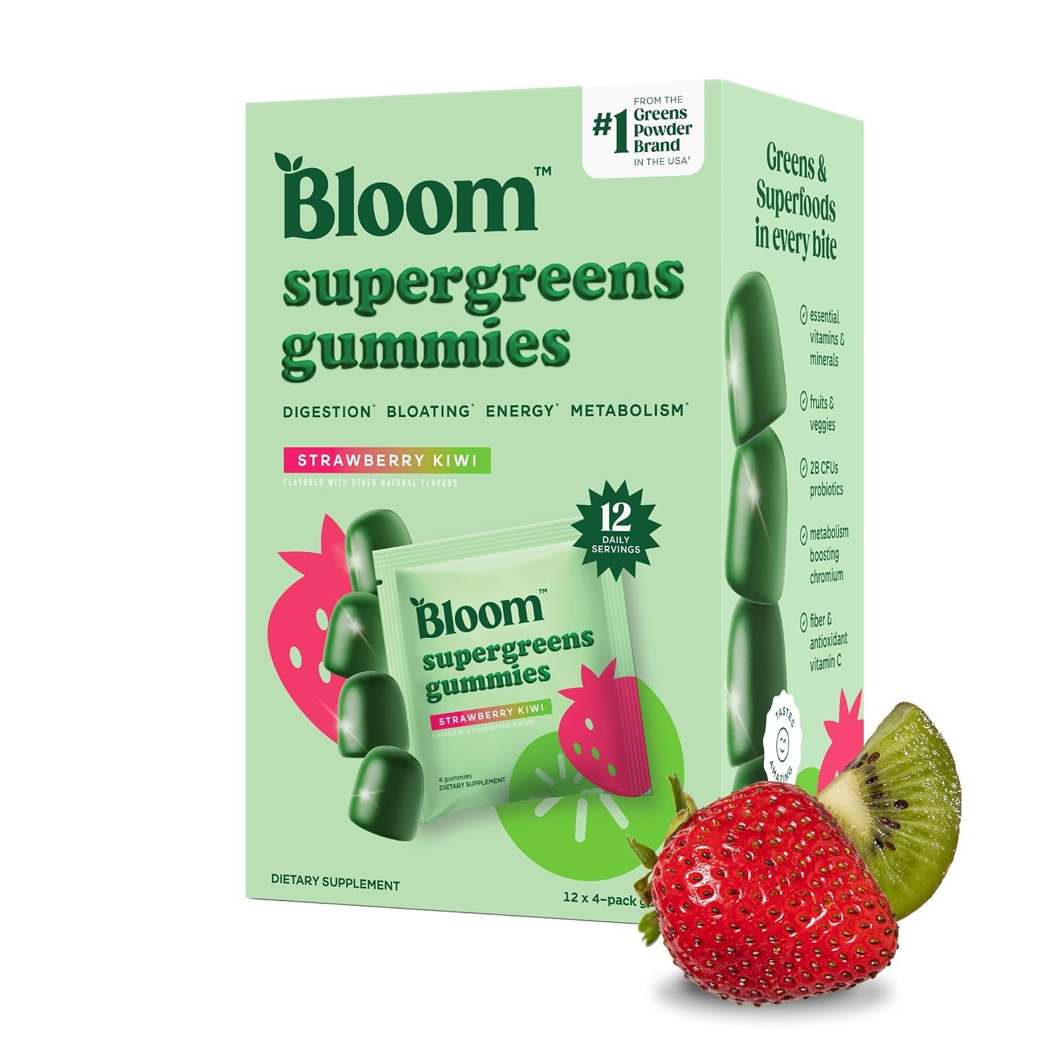 Bloom Nutrition Super Greens Gummies, Strawberry Kiwi, 12 Servings