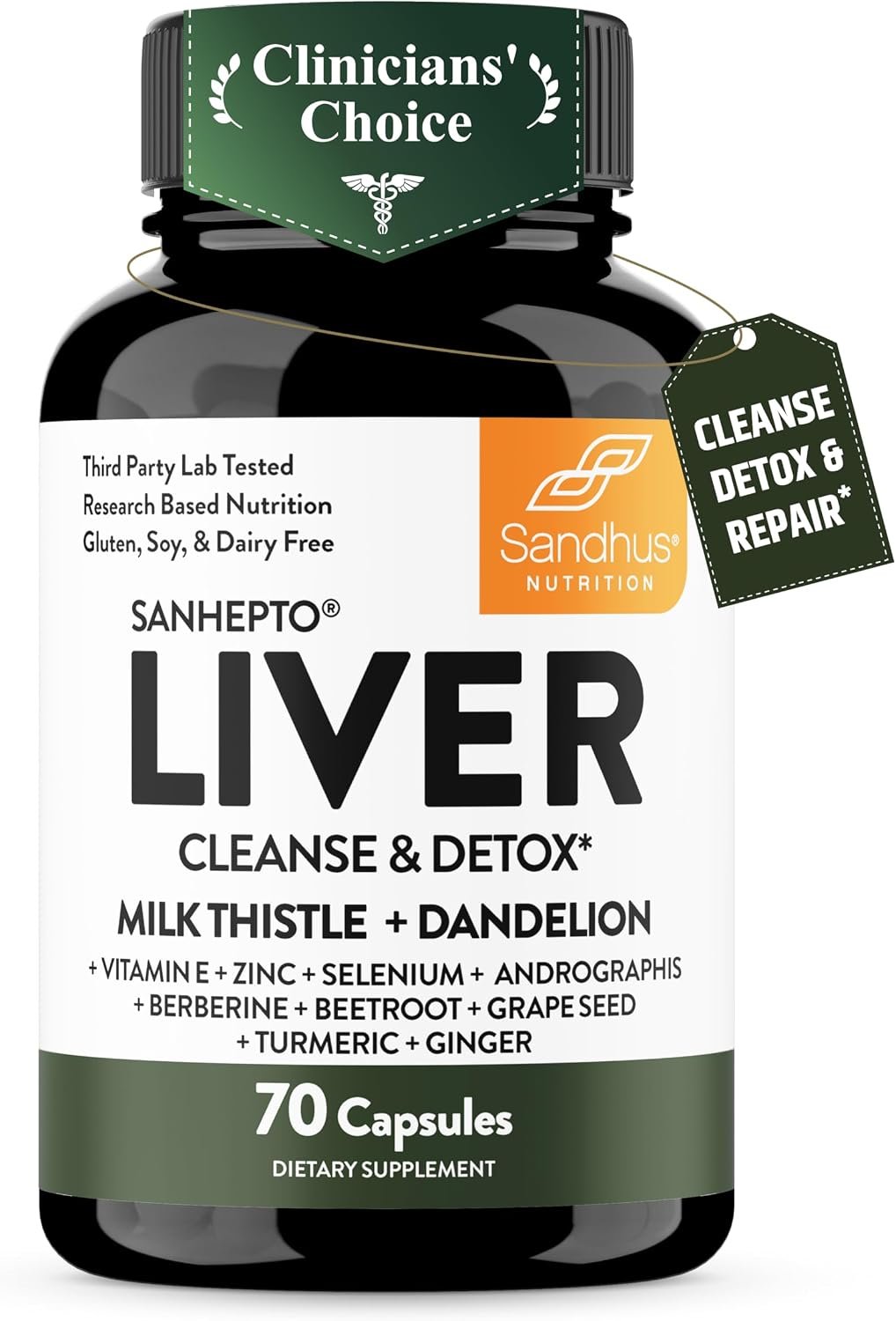 Sandhu's Liver Cleanse Detox & Repair Capsules, Milk Thistle Dandelion Root 70 Count