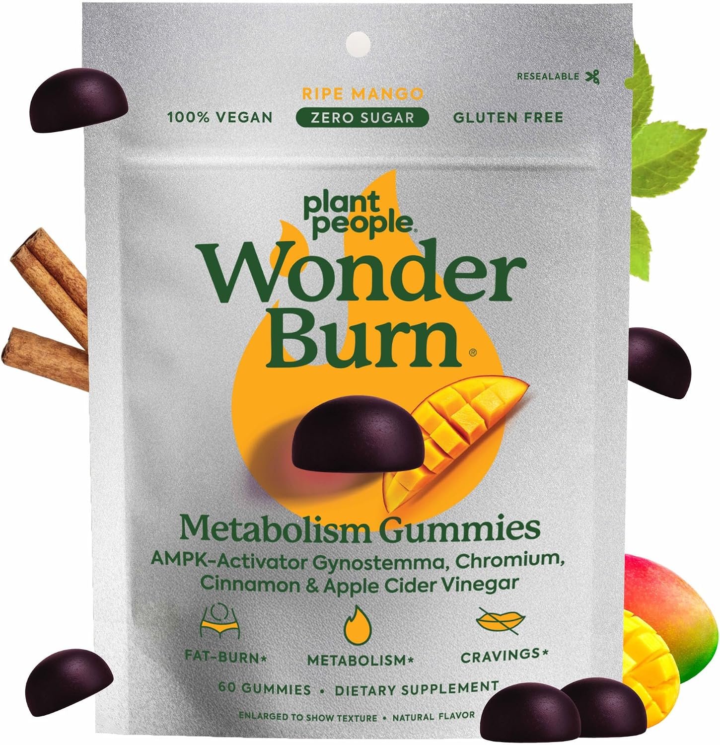 Plant People WonderBurn Metabolism Gummies, Ripe Mango Flavor (60 Count)